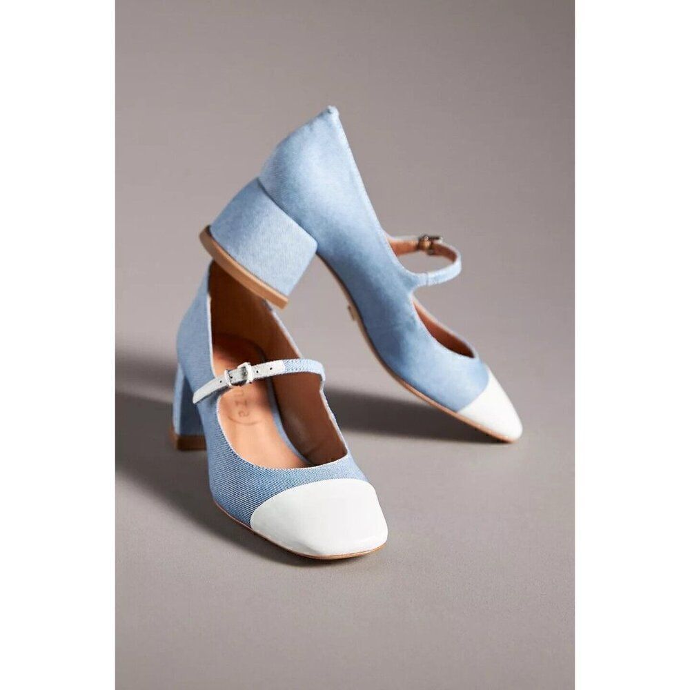 NEW ANTHROPOLOGIE Sz 38 7 COLORBLOCK MARY JANE HEELS DENIM WHITE - Picture 3 of 4